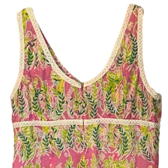 Vintage Lilly Pulitzer Shift Boho Crochet Edging Midi Dress 12 Ruffle Vacation - Picture 4 of 10